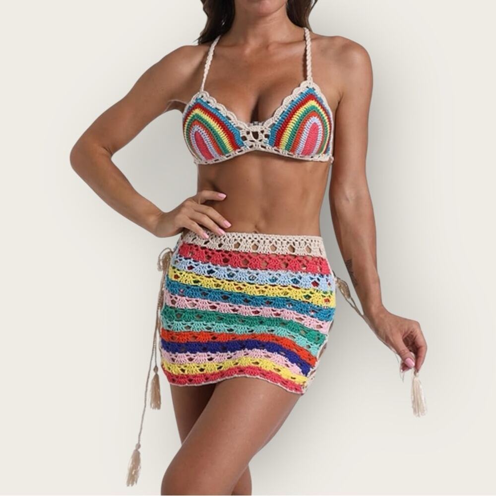 Itty Bitty Kinis | Crochet Bikini and Cover-Up Set | Rainbow | XS/S